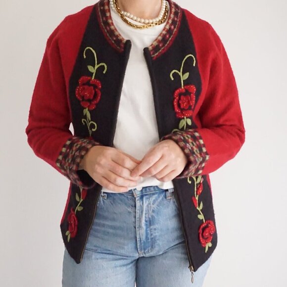 Vintage Christopher Banks Red Knit Floral Beaded 100% Wool Zip Up Sweater L - Picture 2 of 12